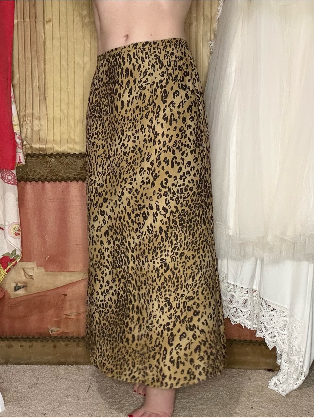 Vintage 90’s Silk Valerie Stevens Leopard-Print Maxi Skirt in Tan and Black